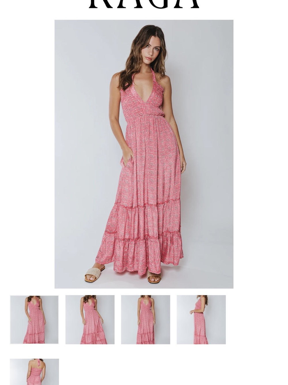 RAGA Pink Aarya Halter Tiered Maxi with V-Neck $185 msrp Large